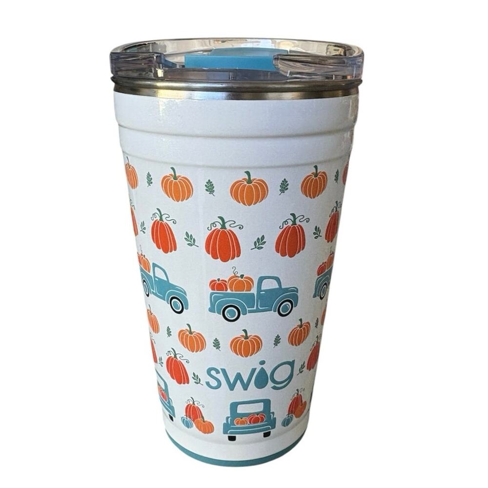 NWOT Swig 24oz Tumbler Mug Cup White Pumpkin Truck Fall Print With Lid